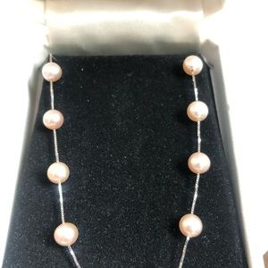 6-6.5mm Pink Pearl Station Necklace 14k White Gold